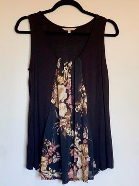 RW&Co Black Sleeveless Top with chiffon floral pattern center panel SIZE M